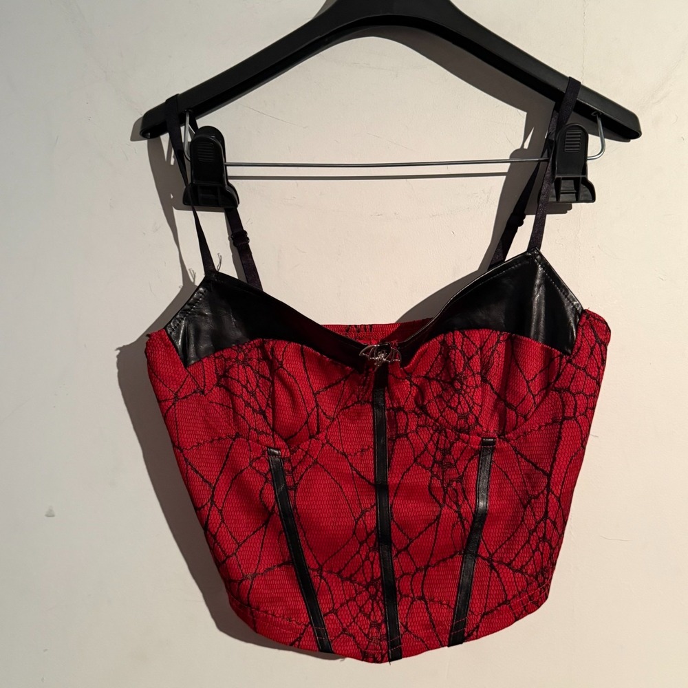 Gothic Style Vamp Corset Style Crop Top Medium Bat Web Pattern‎ Red Black